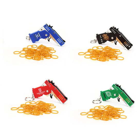 Toy Gun Keychain, 6 Rubber Bands Folding Rubber Band Gun Shooting Pistol